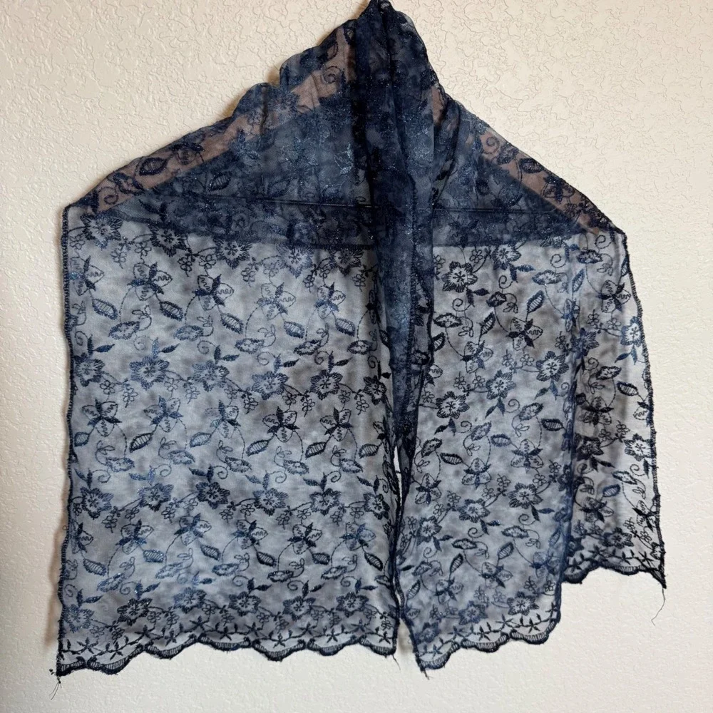 Whimsigoth Fairycore Metallic Floral Lace Scarf OS Blue